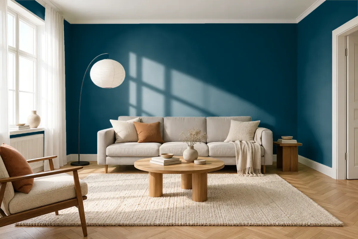 Краска PANTONE 19-4326 Reflecting Pond — гостиная в скандинавском стиле