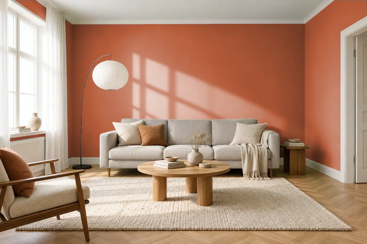 Краска PANTONE 16-1449 Gold Flame — гостиная в скандинавском стиле