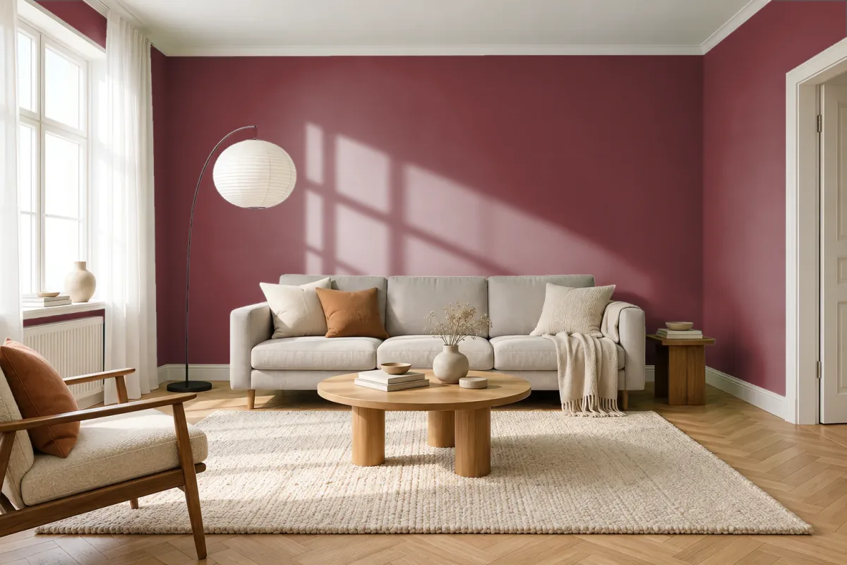 Краска PANTONE 19-1531 Sun-Dried Tomato — гостиная в скандинавском стиле