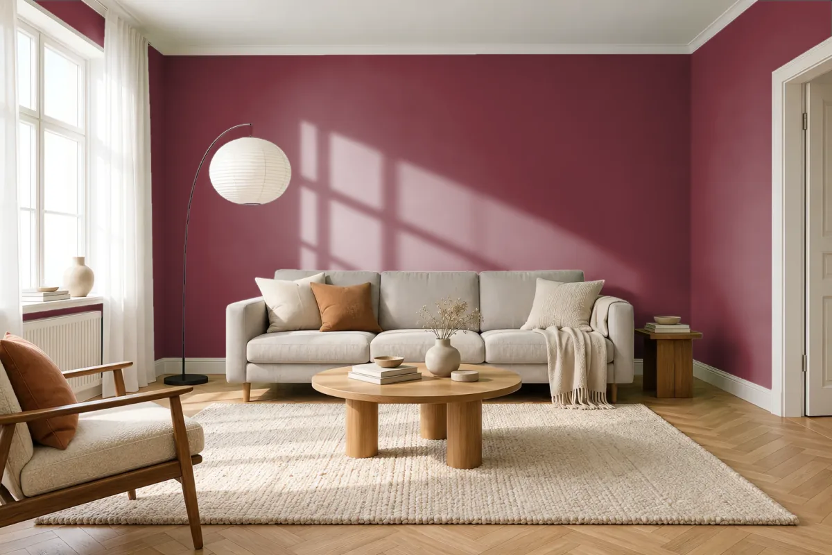 Краска PANTONE 19-1652 Rhubarb — гостиная в скандинавском стиле