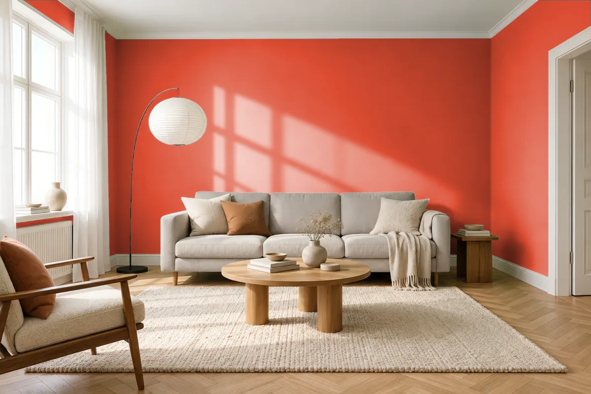 Краска PANTONE 17-1463 Tangerine Tango — гостиная в скандинавском стиле