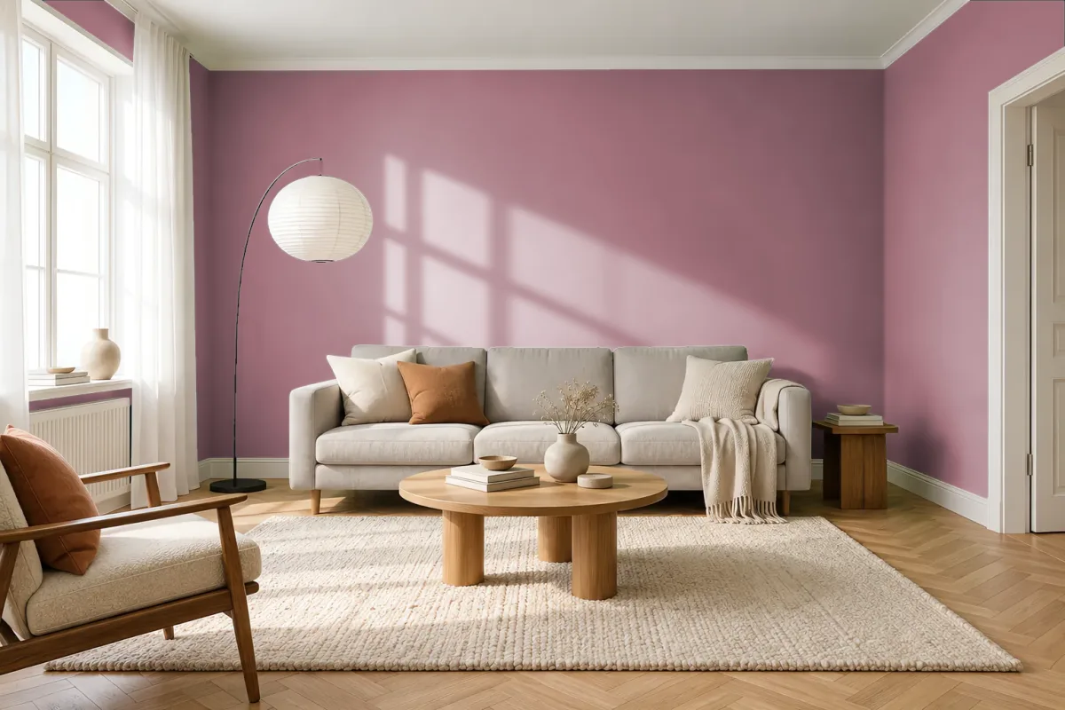 Краска PANTONE 17-1609 Mesa Rose — гостиная в скандинавском стиле