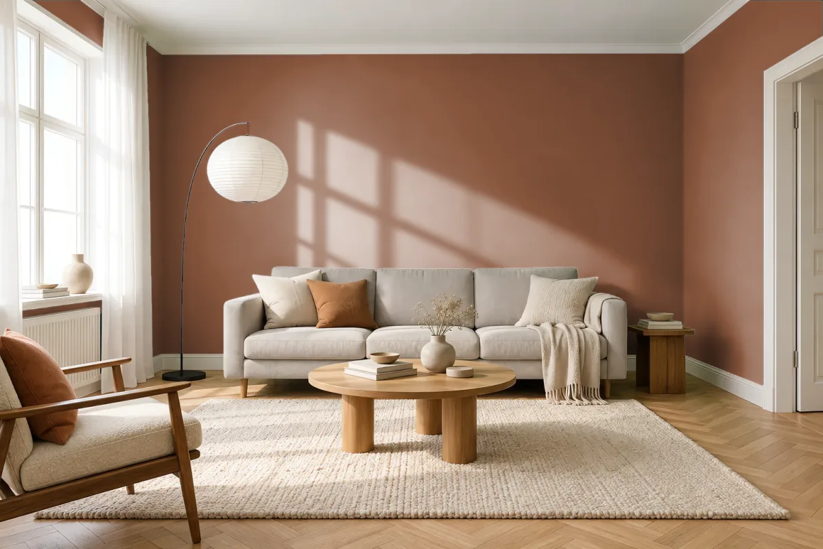 Краска PANTONE 18-1148 Caramel Café — гостиная в скандинавском стиле