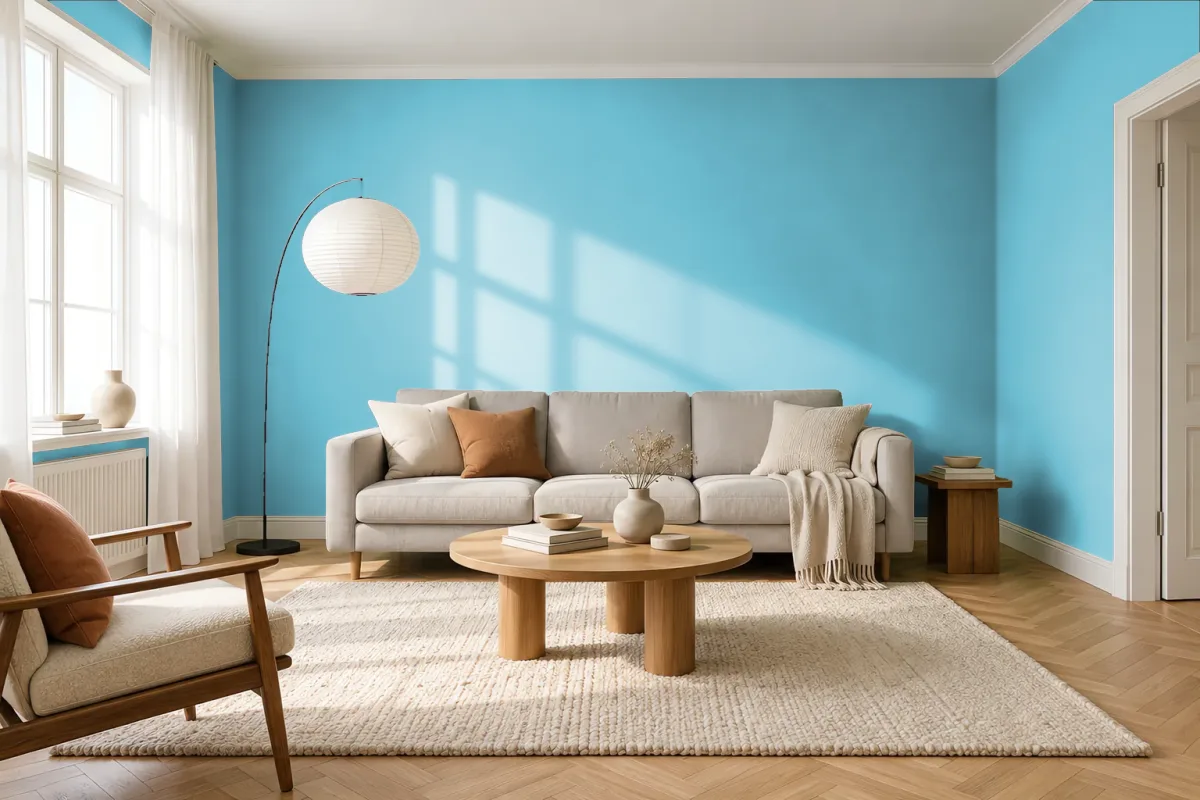 Краска PANTONE 14-4310 Blue Topaz — гостиная в скандинавском стиле