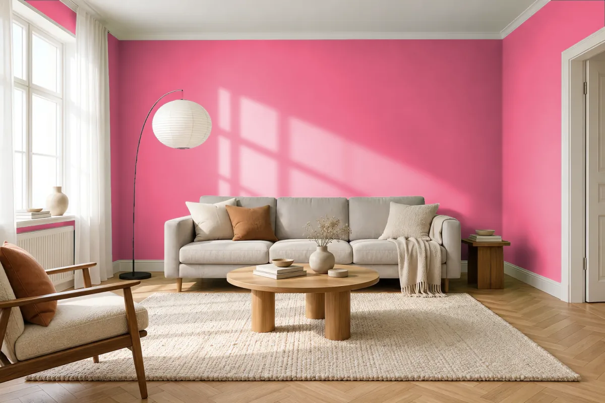 Краска PANTONE 17-1930 Camellia Rose — гостиная в скандинавском стиле