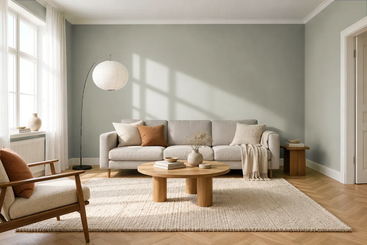 Краска PANTONE 14-6408 Abbey Stone — гостиная в скандинавском стиле