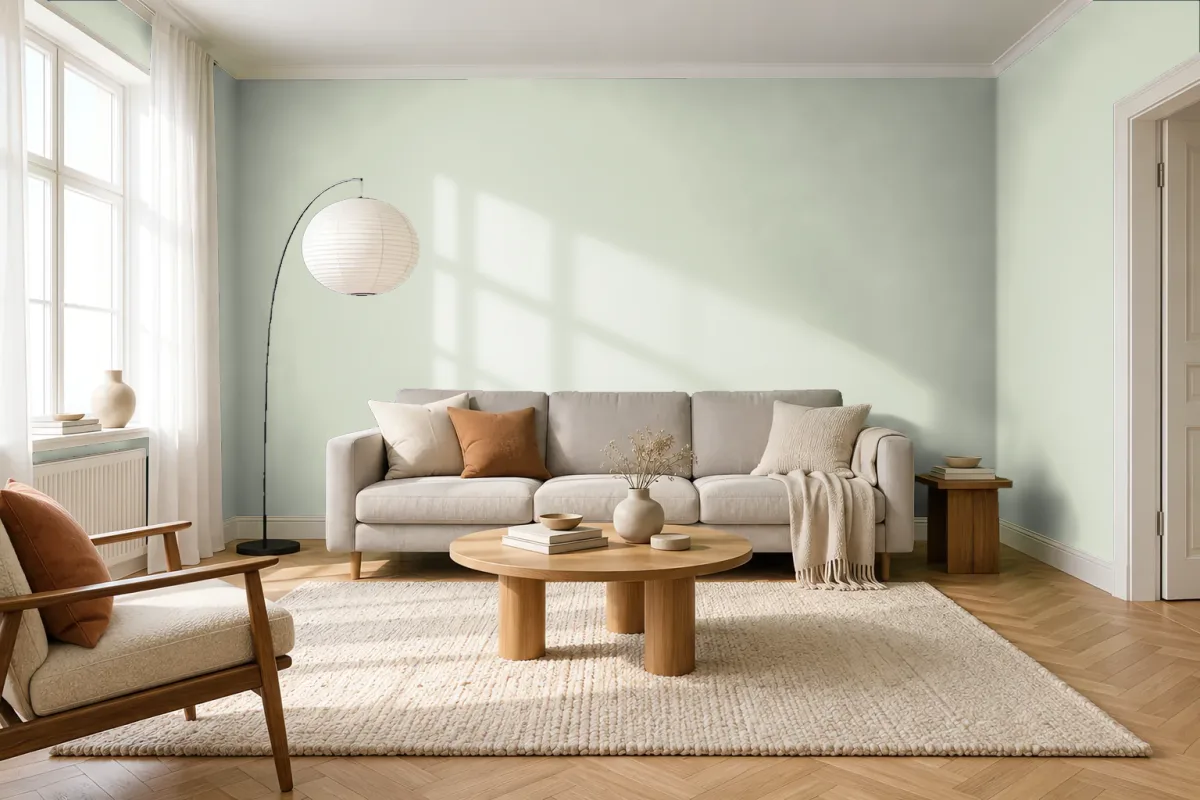 Краска PANTONE 13-6006 Almost Aqua — гостиная в скандинавском стиле