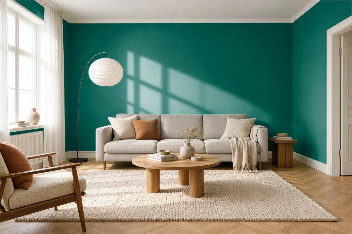 Краска PANTONE 18-5322 Alpine Green — гостиная в скандинавском стиле
