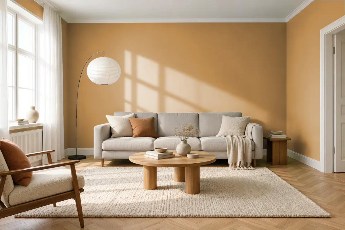 Краска PANTONE 16-1139 Amber Gold — гостиная в скандинавском стиле