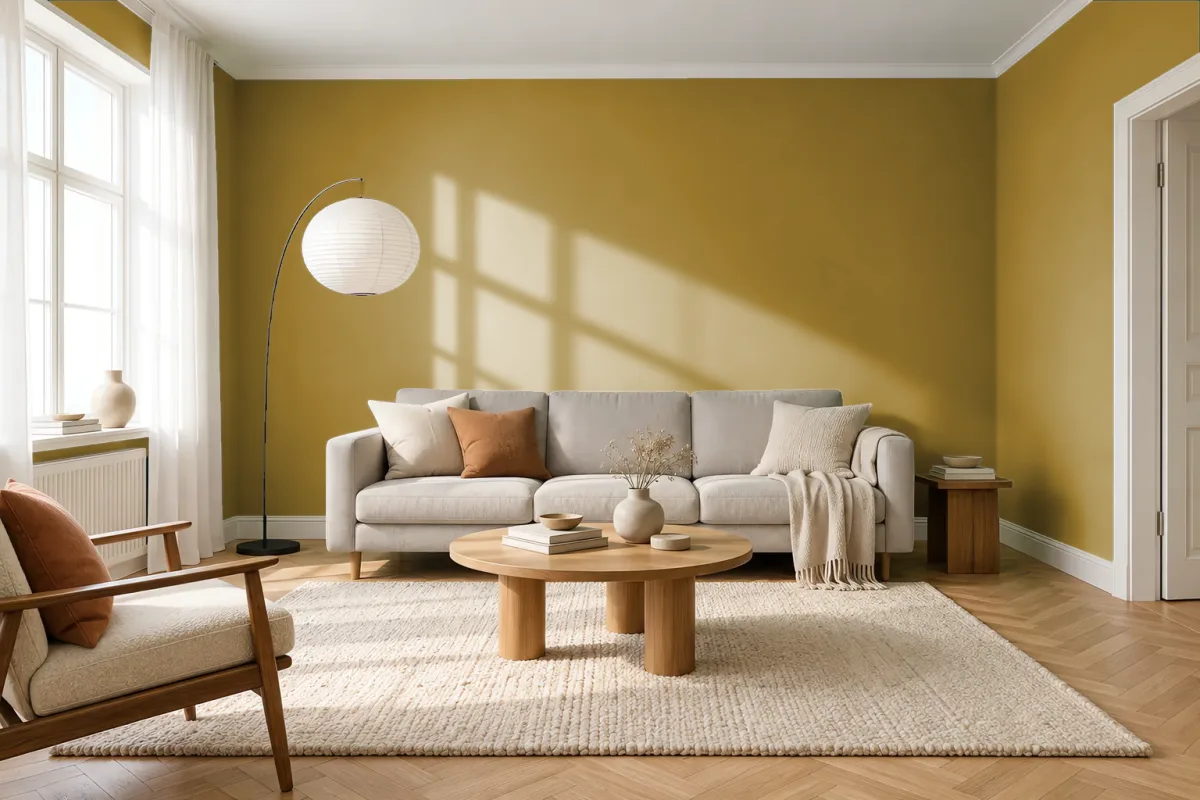 Краска PANTONE 17-0840 Amber Green — гостиная в скандинавском стиле