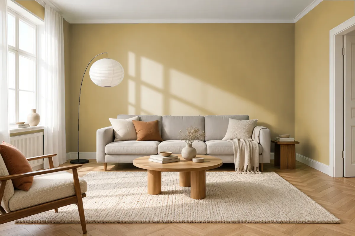 Краска PANTONE 16-0730 Antique Gold — гостиная в скандинавском стиле