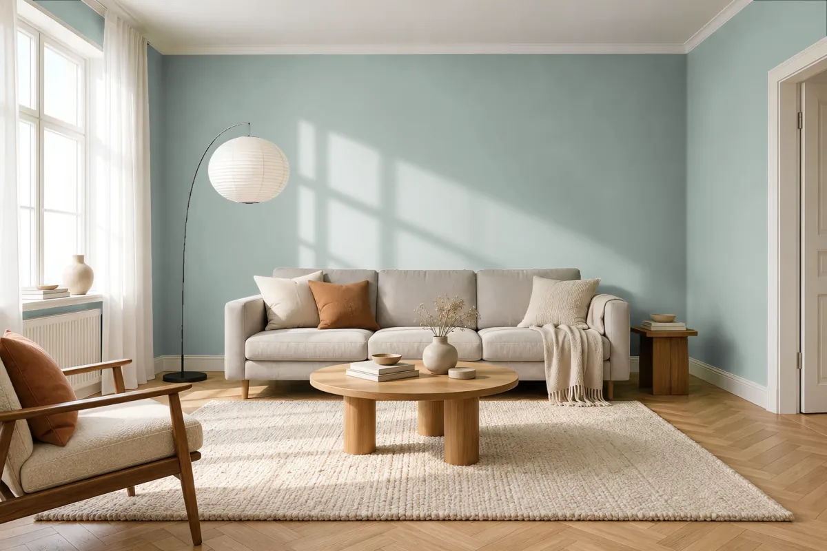 Краска PANTONE 15-5205 Aqua Gray — гостиная в скандинавском стиле