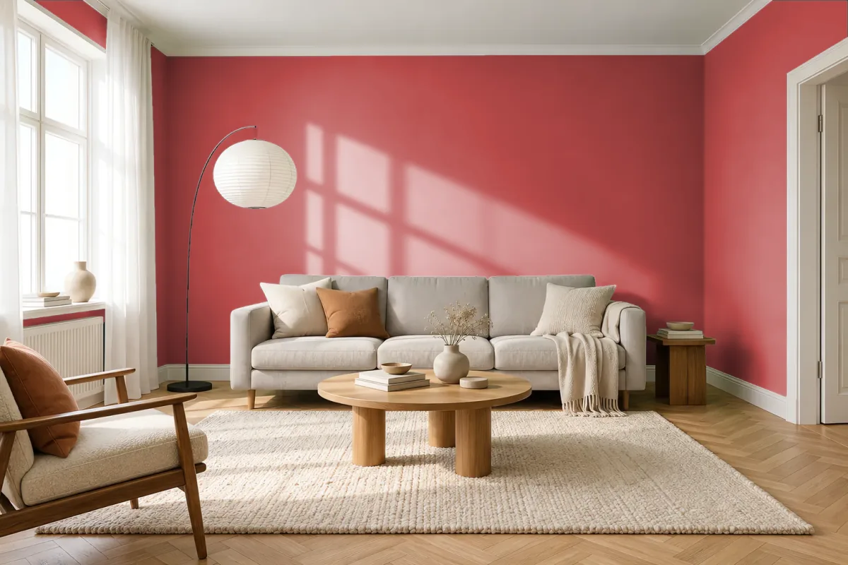 Краска PANTONE 18-1550 Aurora Red — гостиная в скандинавском стиле