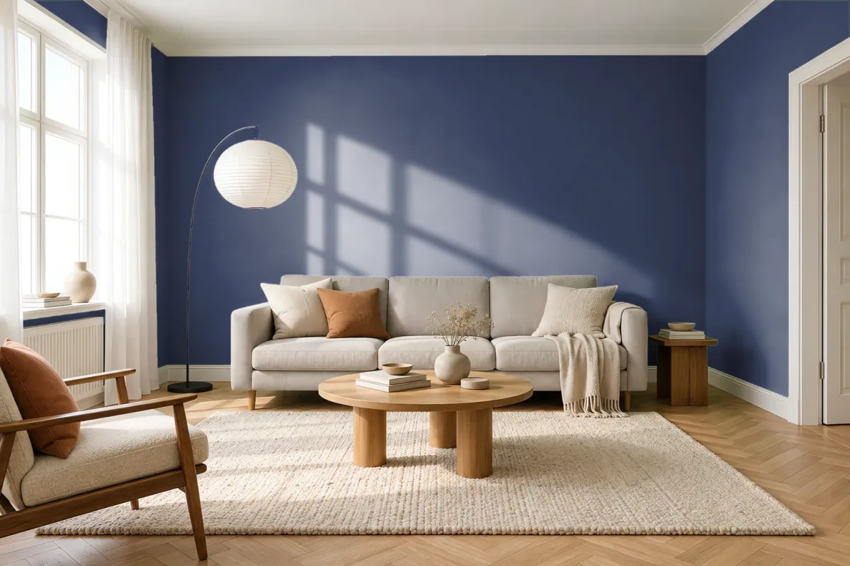 Краска PANTONE 19-3940 Blue Depths — гостиная в скандинавском стиле