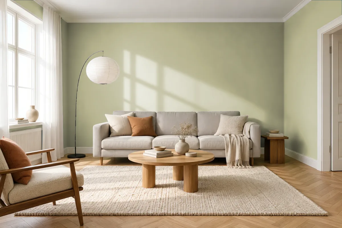 Краска PANTONE 14-0418 Bog — гостиная в скандинавском стиле
