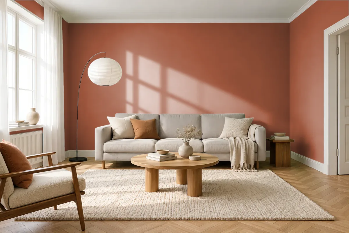 Краска PANTONE 18-1250 Bombay Brown — гостиная в скандинавском стиле