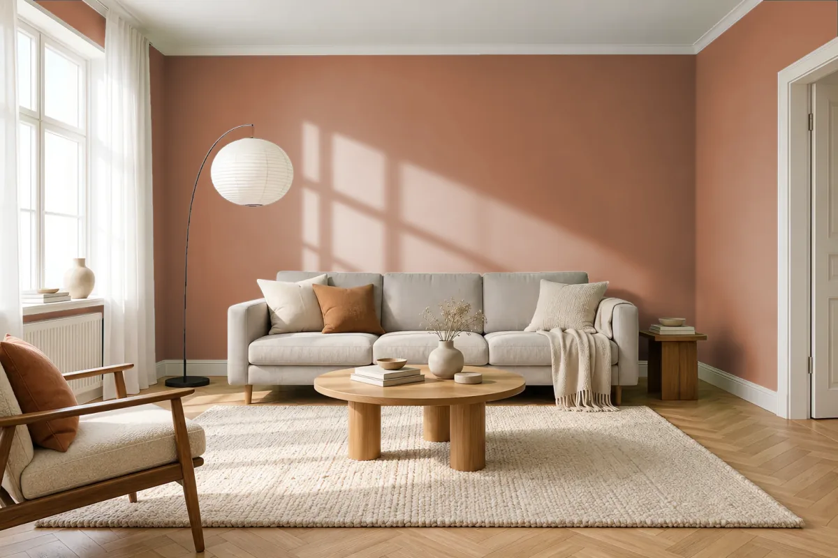 Краска PANTONE 17-1336 Bran — гостиная в скандинавском стиле