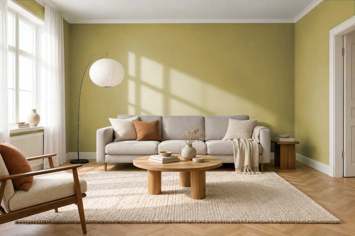 Краска PANTONE 16-0737 Burnished Gold — гостиная в скандинавском стиле