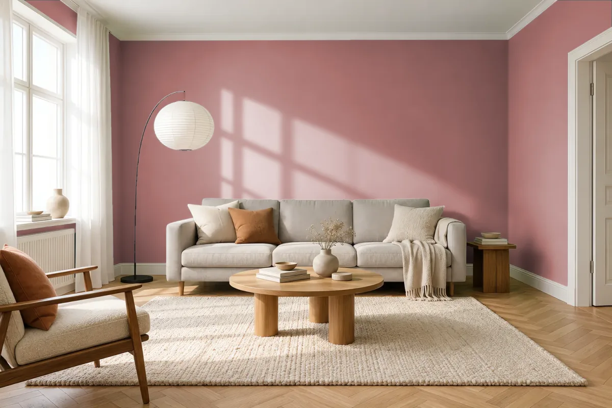 Краска PANTONE 17-1520 Canyon Rose — гостиная в скандинавском стиле