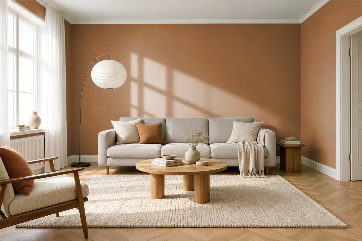 Краска PANTONE 18-0950 Cathay Spice — гостиная в скандинавском стиле