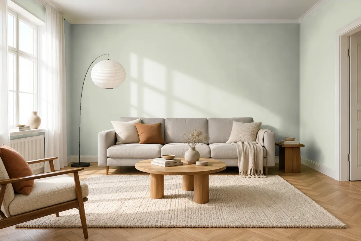 Краска PANTONE 13-6105 Celadon Tint — гостиная в скандинавском стиле