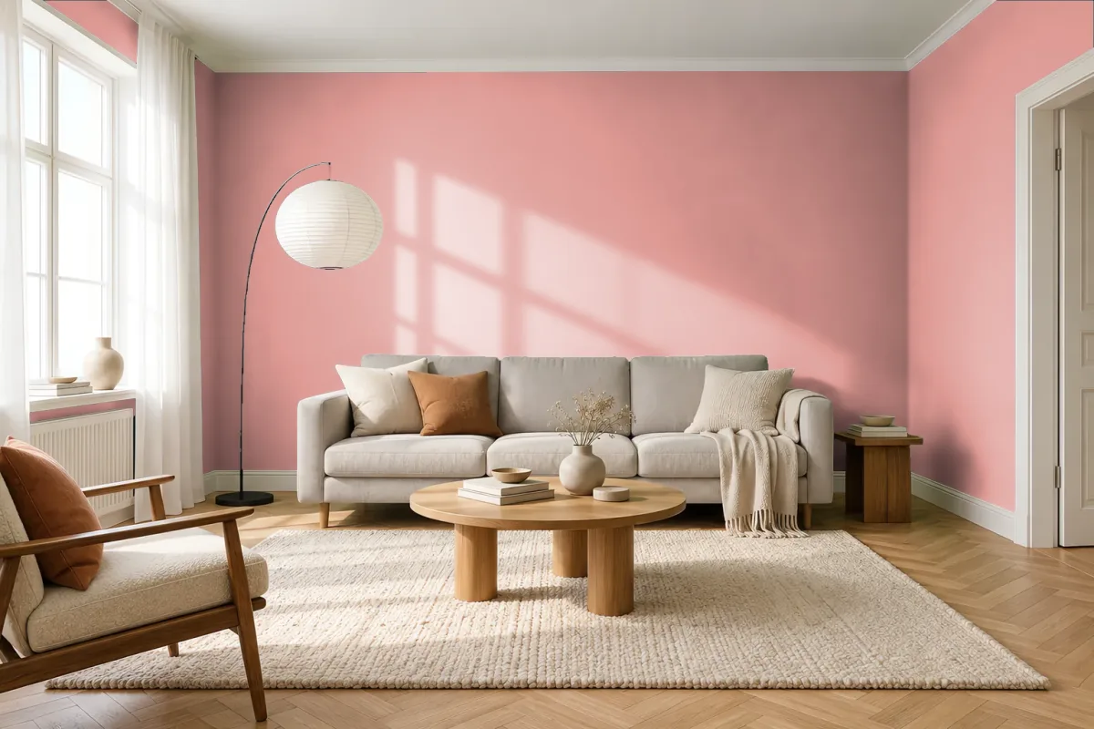 Краска PANTONE 16-1434 Coral Almond — гостиная в скандинавском стиле