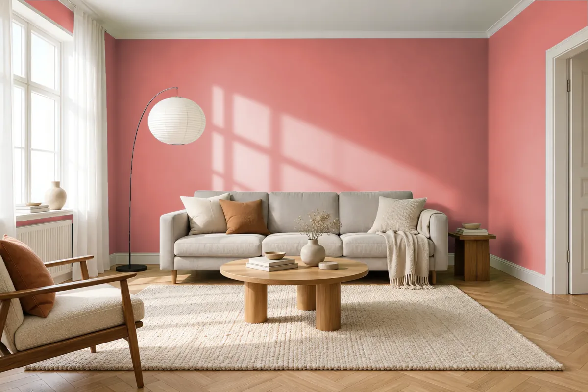 Краска PANTONE 16-1532 Crabapple — гостиная в скандинавском стиле