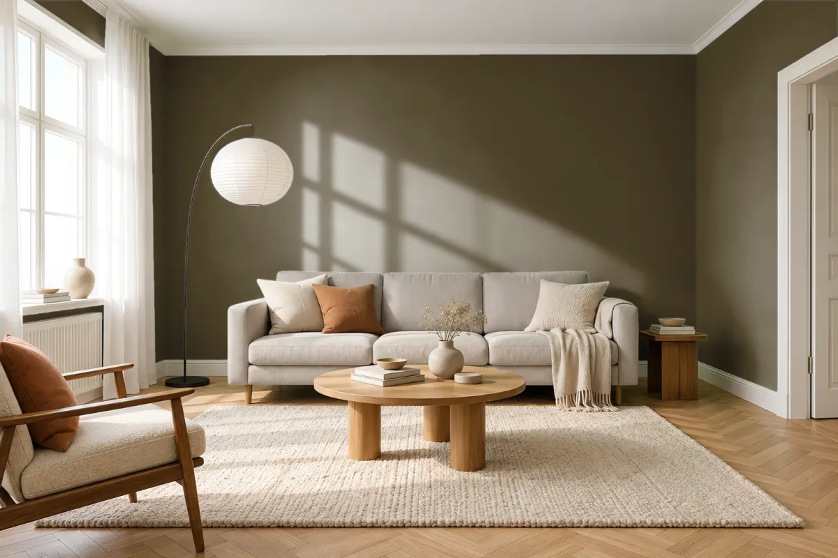 Краска PANTONE 19-0516 Dark Olive — гостиная в скандинавском стиле