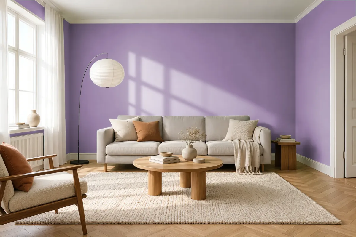 Краска PANTONE 17-3520 Diffused Orchid — гостиная в скандинавском стиле