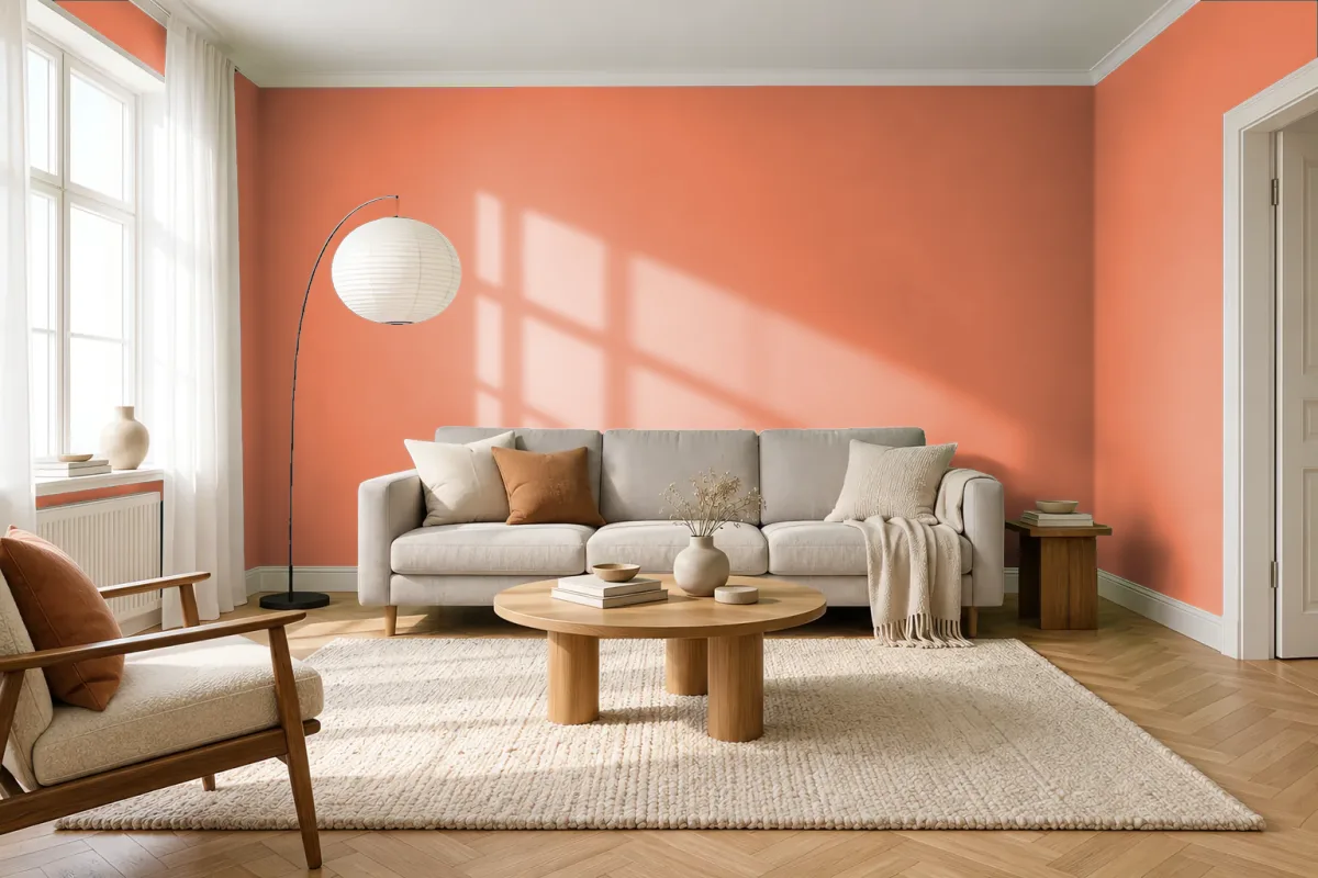Краска PANTONE 16-1344 Dusty Orange — гостиная в скандинавском стиле