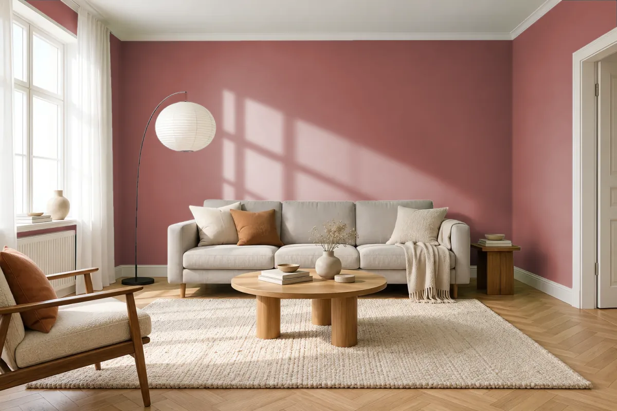 Краска PANTONE 18-1434 Etruscan Red — гостиная в скандинавском стиле