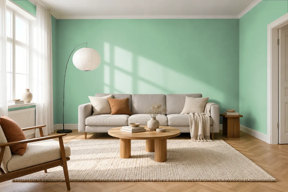 Краска PANTONE 15-6114 Hemlock — гостиная в скандинавском стиле
