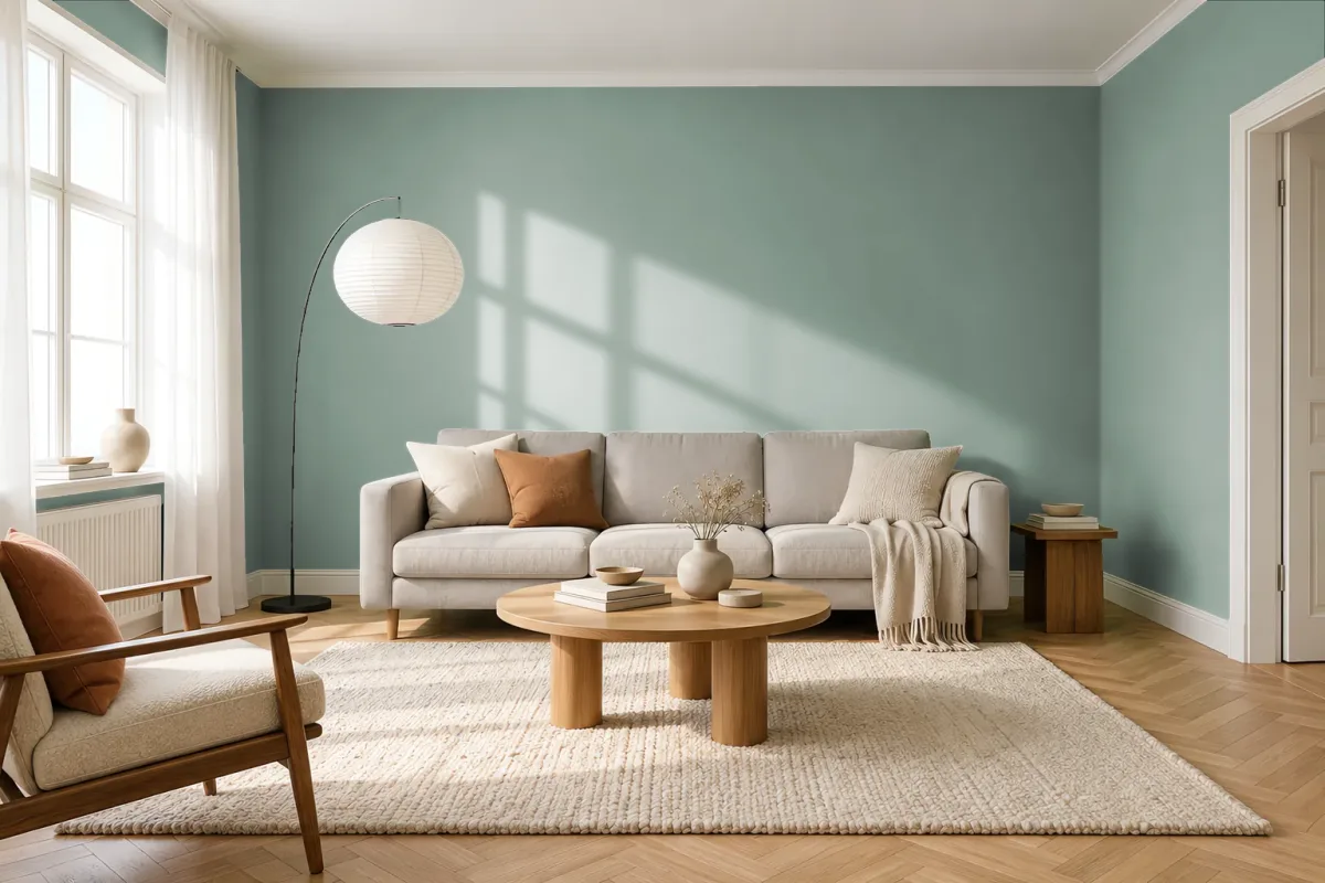 Краска PANTONE 16-5808 Iceberg Green — гостиная в скандинавском стиле