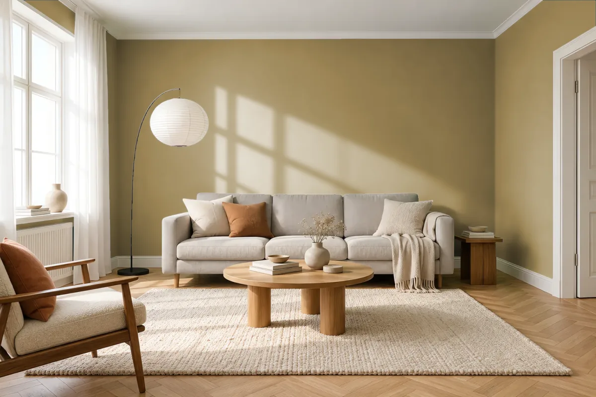 Краска PANTONE 16-0726 Khaki — гостиная в скандинавском стиле