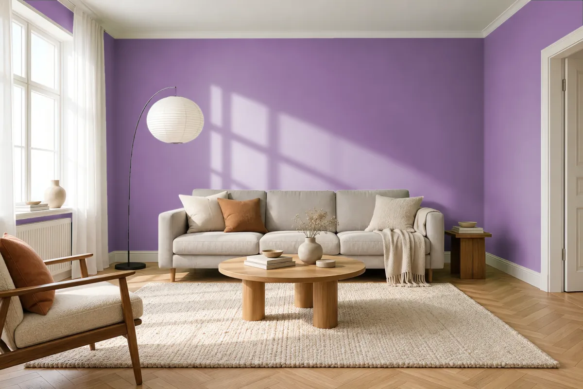 Краска PANTONE 18-3530 Lavender Crystal — гостиная в скандинавском стиле