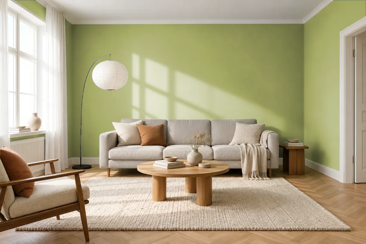 Краска PANTONE 15-0332 Leaf Green — гостиная в скандинавском стиле