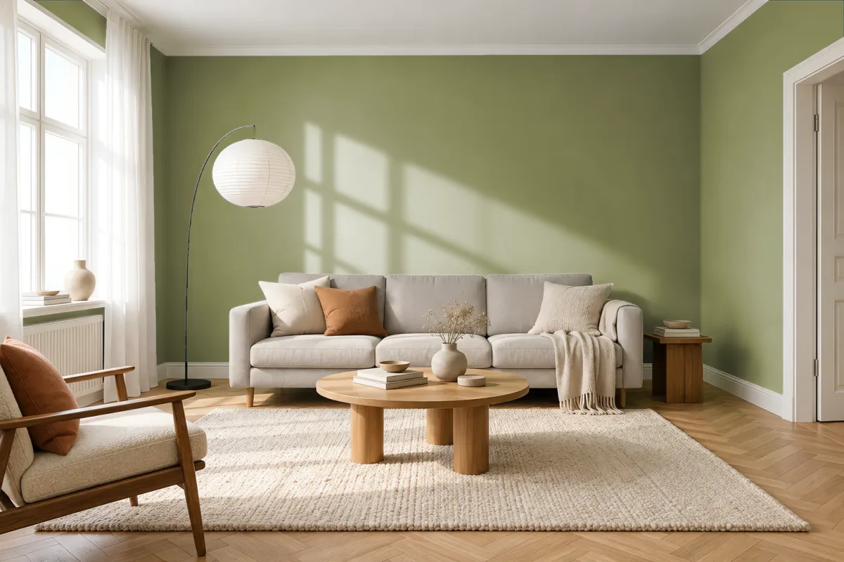 Краска PANTONE 17-0525 Mosstone — гостиная в скандинавском стиле
