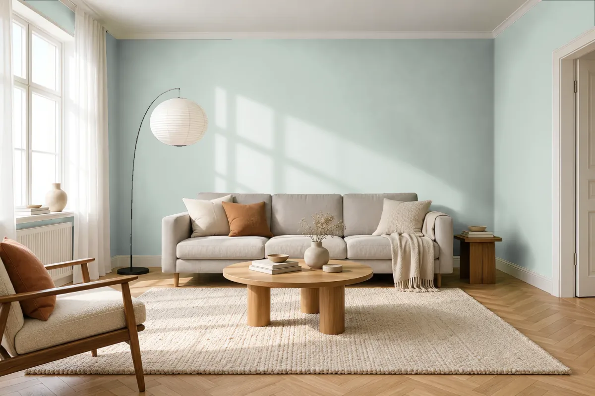 Краска PANTONE 13-5305 Pale Aqua — гостиная в скандинавском стиле