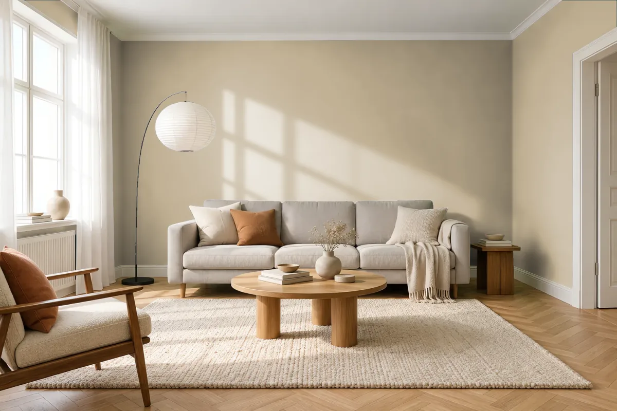 Краска PANTONE 15-1216 Pale Khaki — гостиная в скандинавском стиле