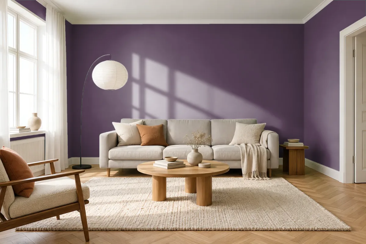 Краска PANTONE 19-3218 Plum Purple — гостиная в скандинавском стиле
