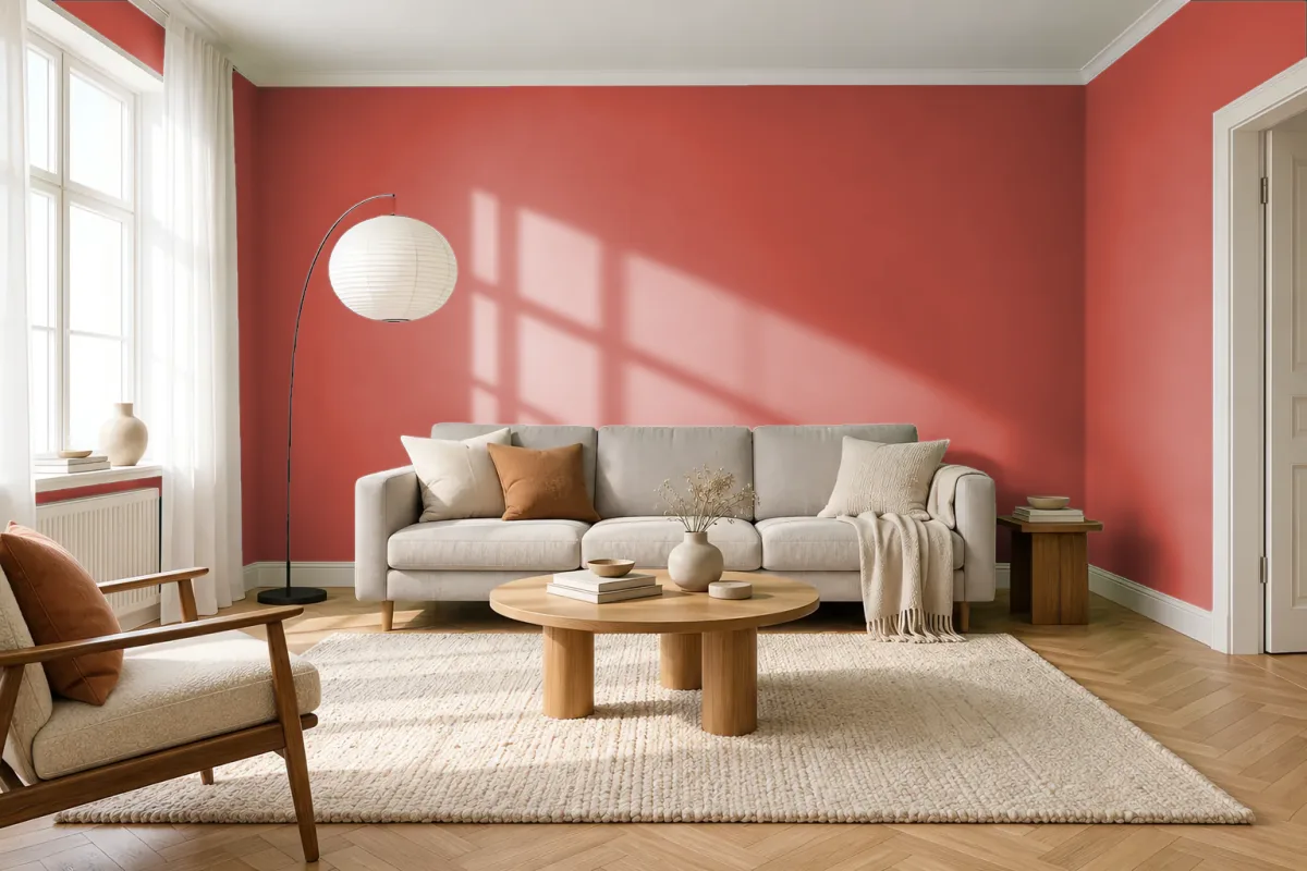 Краска PANTONE 18-1454 Red Clay — гостиная в скандинавском стиле