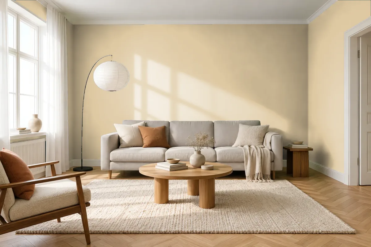 Краска PANTONE 13-0915 Reed Yellow — гостиная в скандинавском стиле