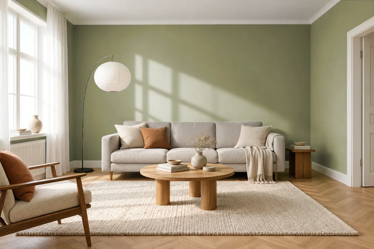 Краска PANTONE 16-0421 Sage — гостиная в скандинавском стиле