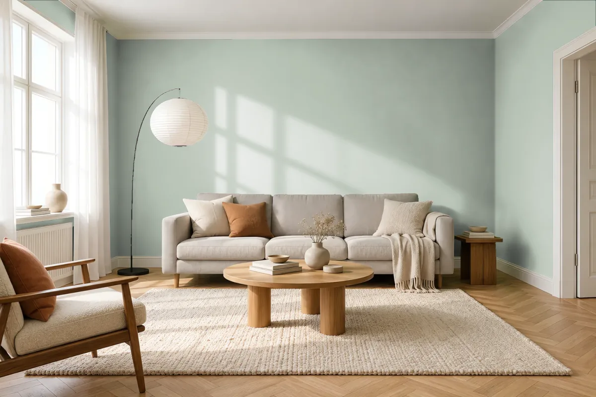 Краска PANTONE 14-6007 Sea Foam — гостиная в скандинавском стиле