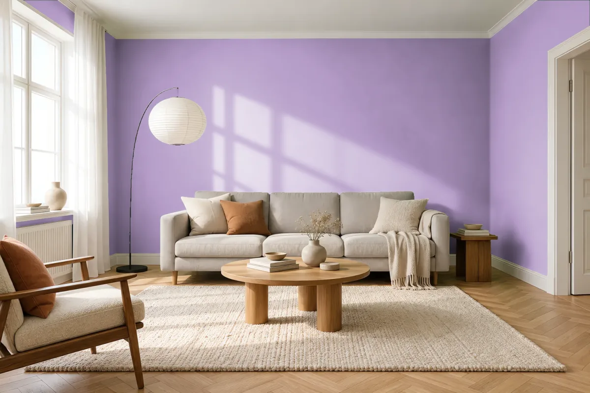 Краска PANTONE 16-3617 Sheer Lilac — гостиная в скандинавском стиле