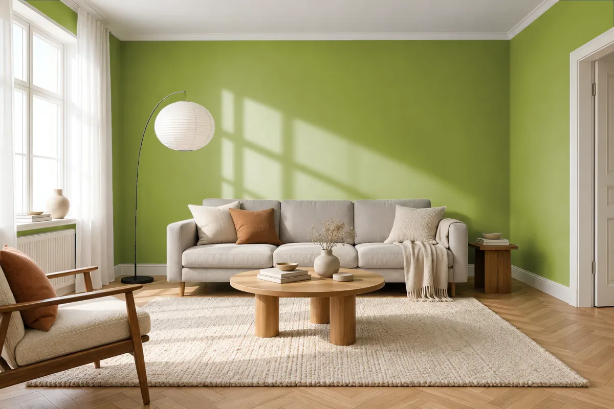 Краска PANTONE 16-0439 Spinach Green — гостиная в скандинавском стиле