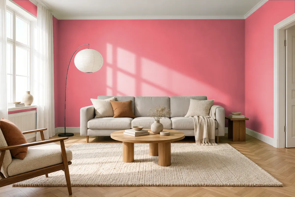 Краска PANTONE 16-1640 Sugar Coral — гостиная в скандинавском стиле