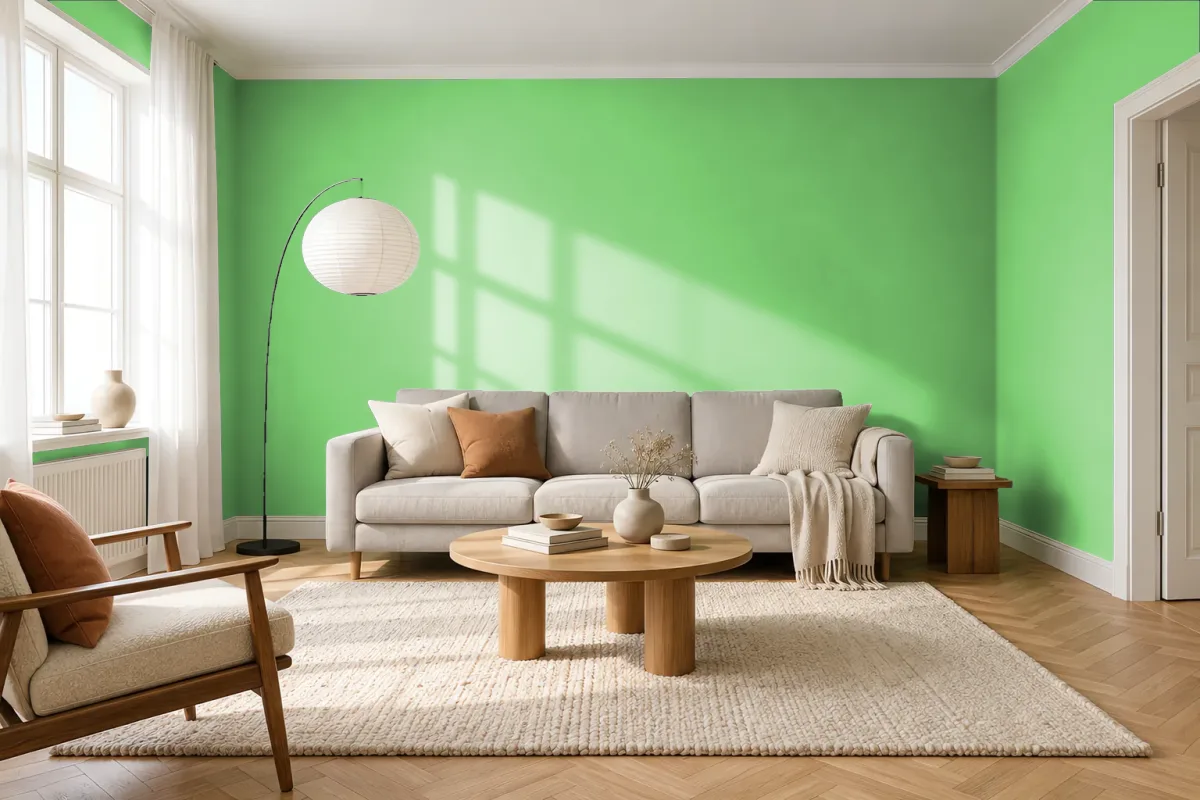 Краска PANTONE 14-0156 Summer Green — гостиная в скандинавском стиле