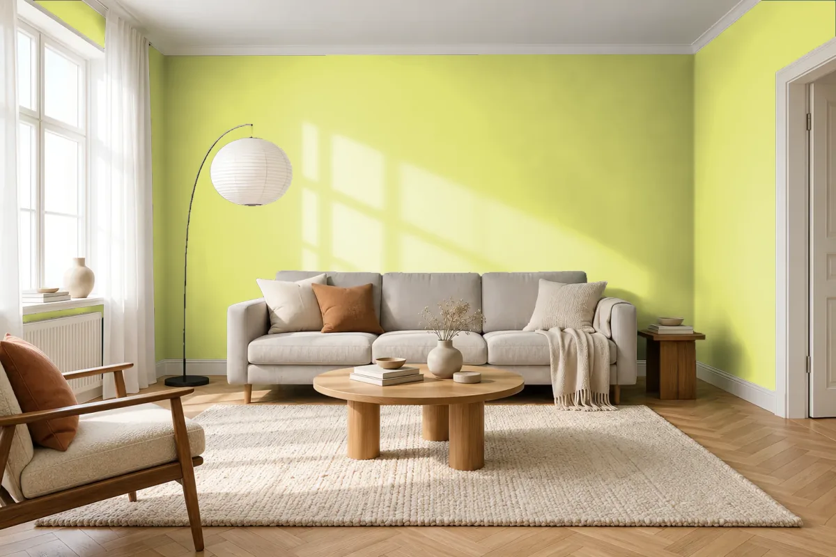 Краска PANTONE 12-0741 Sunny Lime — гостиная в скандинавском стиле