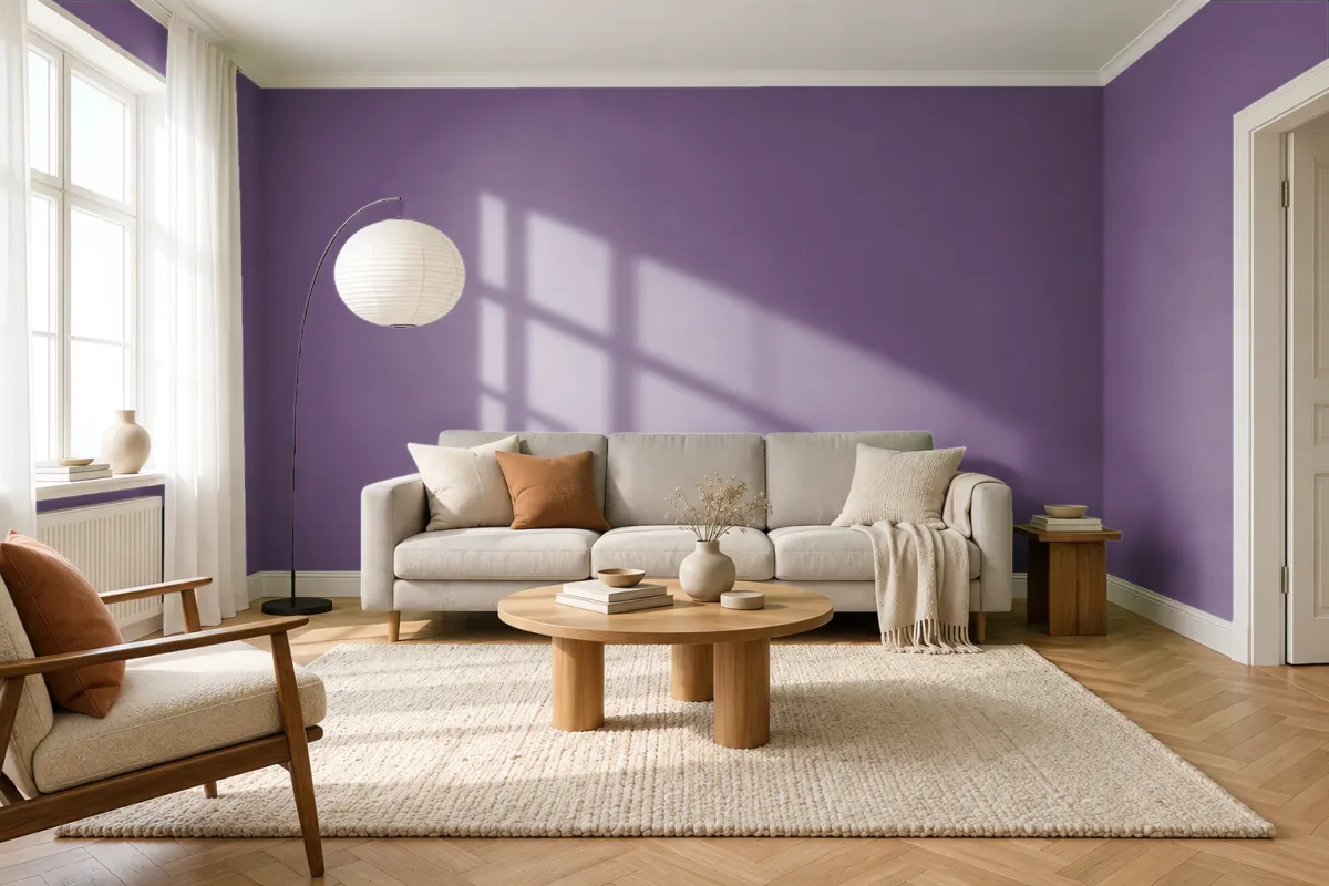 Краска PANTONE 19-3424 Sunset Purple — гостиная в скандинавском стиле